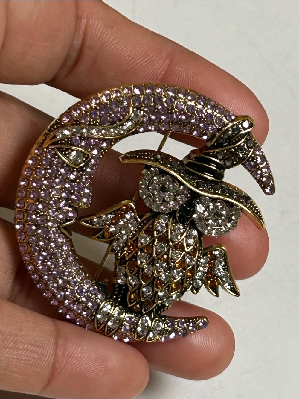 Crystal Owl on Crescent Moon Brooch - Lavender and Gold Tones